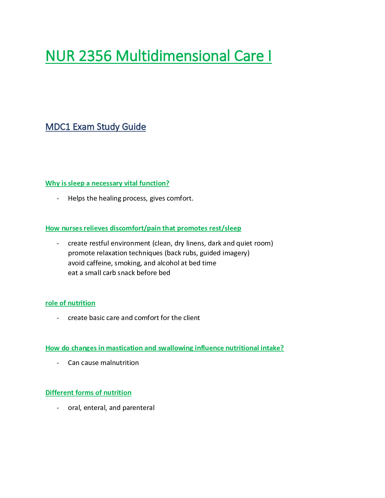 NUR 2356 Exam Study Guide  Multidimensional Care I / MDC 1 - Rasmussen